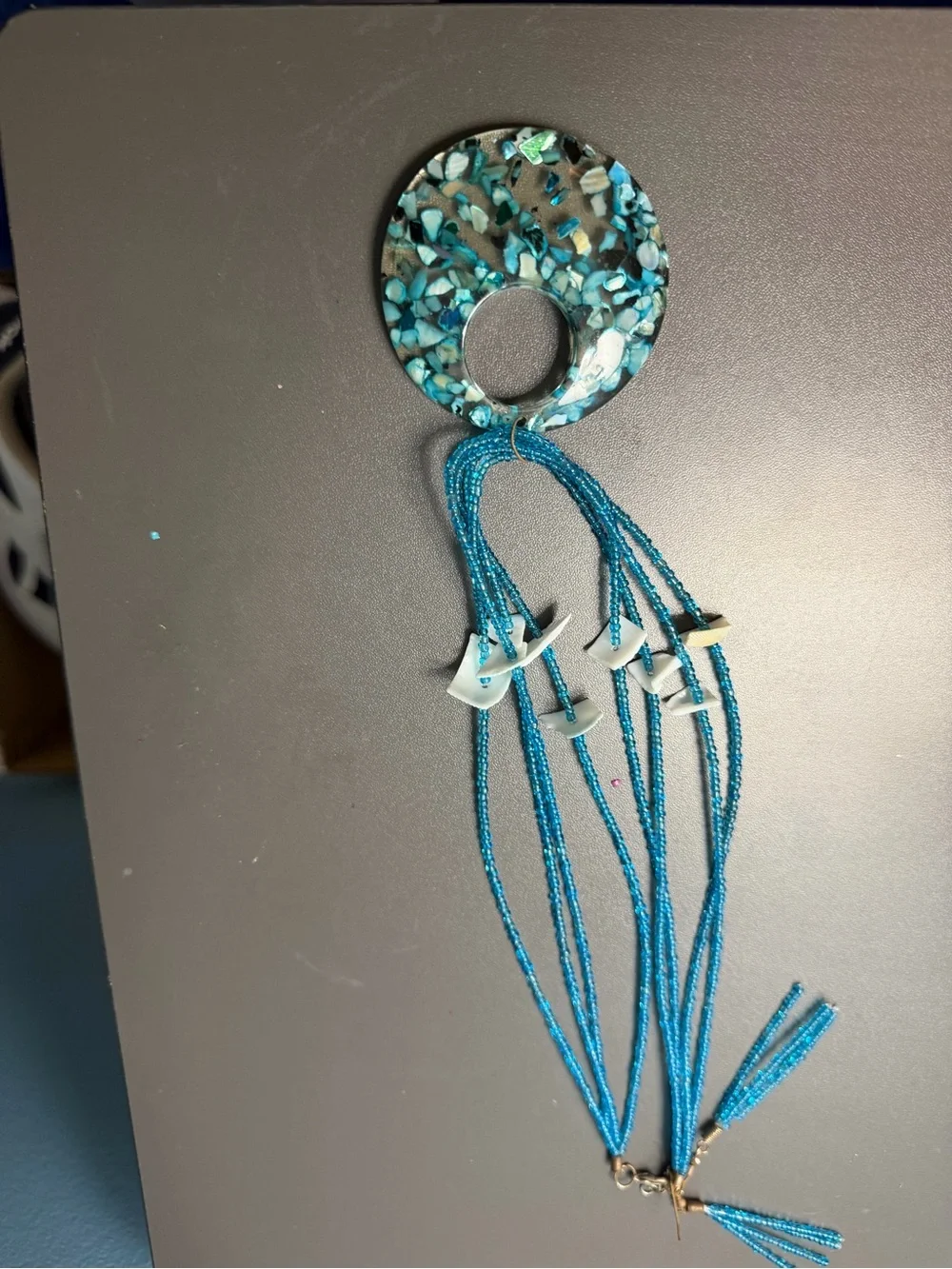 & Other Stories Teal Blue Beaded Necklace with Donut Pendant
